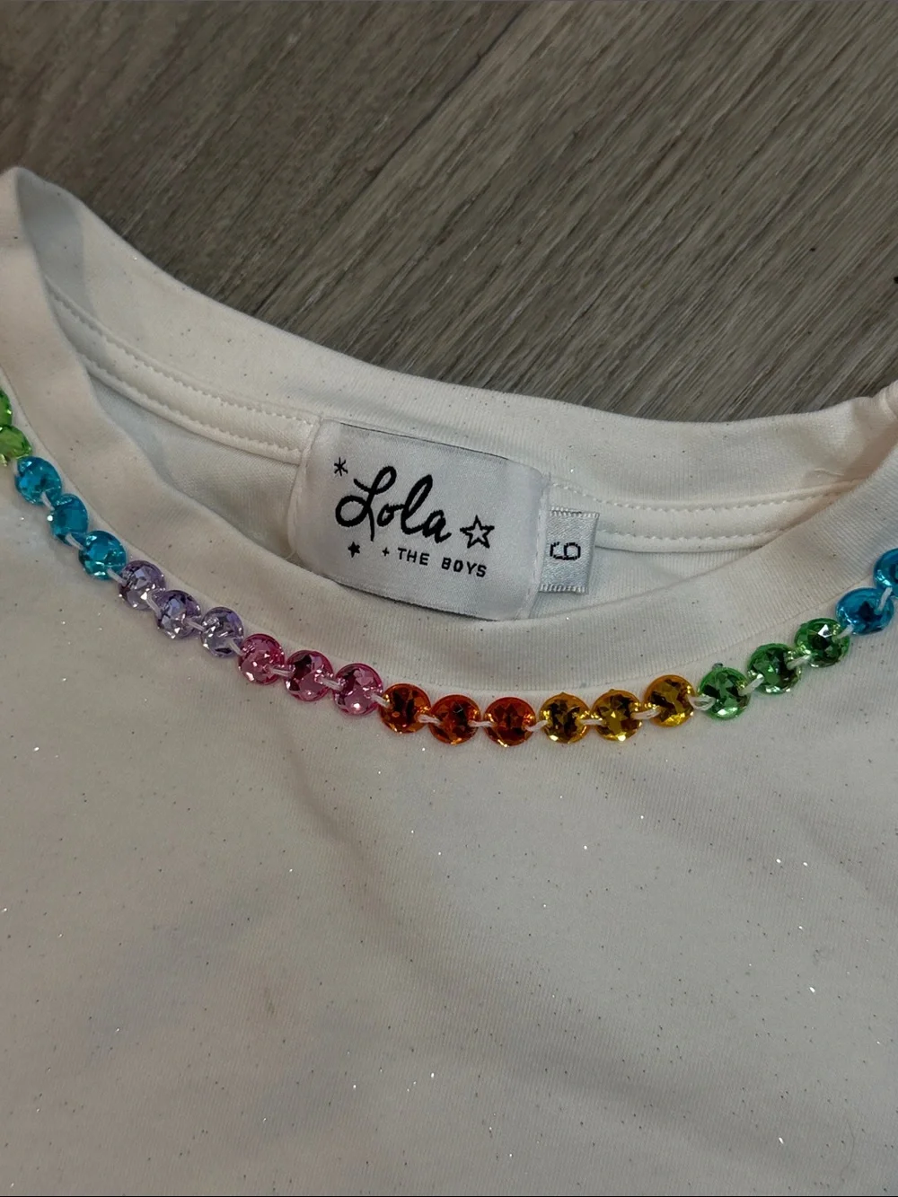 lola White Tee with Rainbow Bead Neckline & Butterfly Puff Sleeves